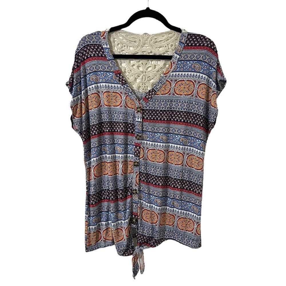 Alison Andrews Button Up Paisley Multicolor T-Shirt Crochet Back Womens Size XL